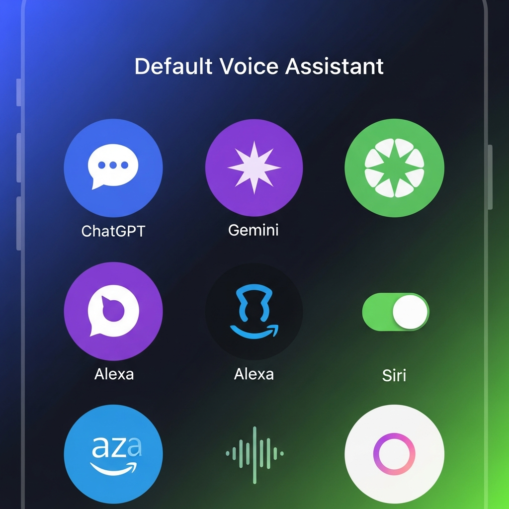 A modern iPhone interface showing settings for default voice assistant, with icons of various AI assistants like ChatGPT and Gemini. Clean infographic style, high contrast, vivid colored background. No visible text on the image.