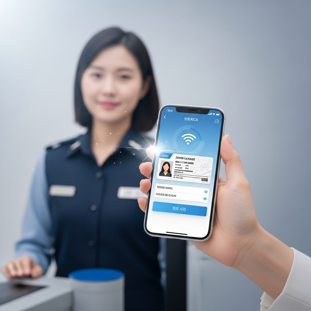 A Korean woman using her iPhone to display a digital driver's license at a security checkpoint, with a clean, modern infographic style. The phone screen clearly shows a simplified ID, with a subtle glow. The background is a soft gradient. No text.