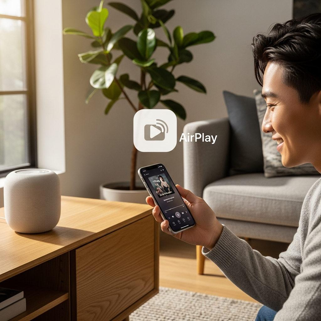 A Korean person happily streaming music from an iPhone to a sleek AirPlay speaker in a modern, sunlit living room. Lifestyle photography, warm lighting, natural setting, textured background. No text.