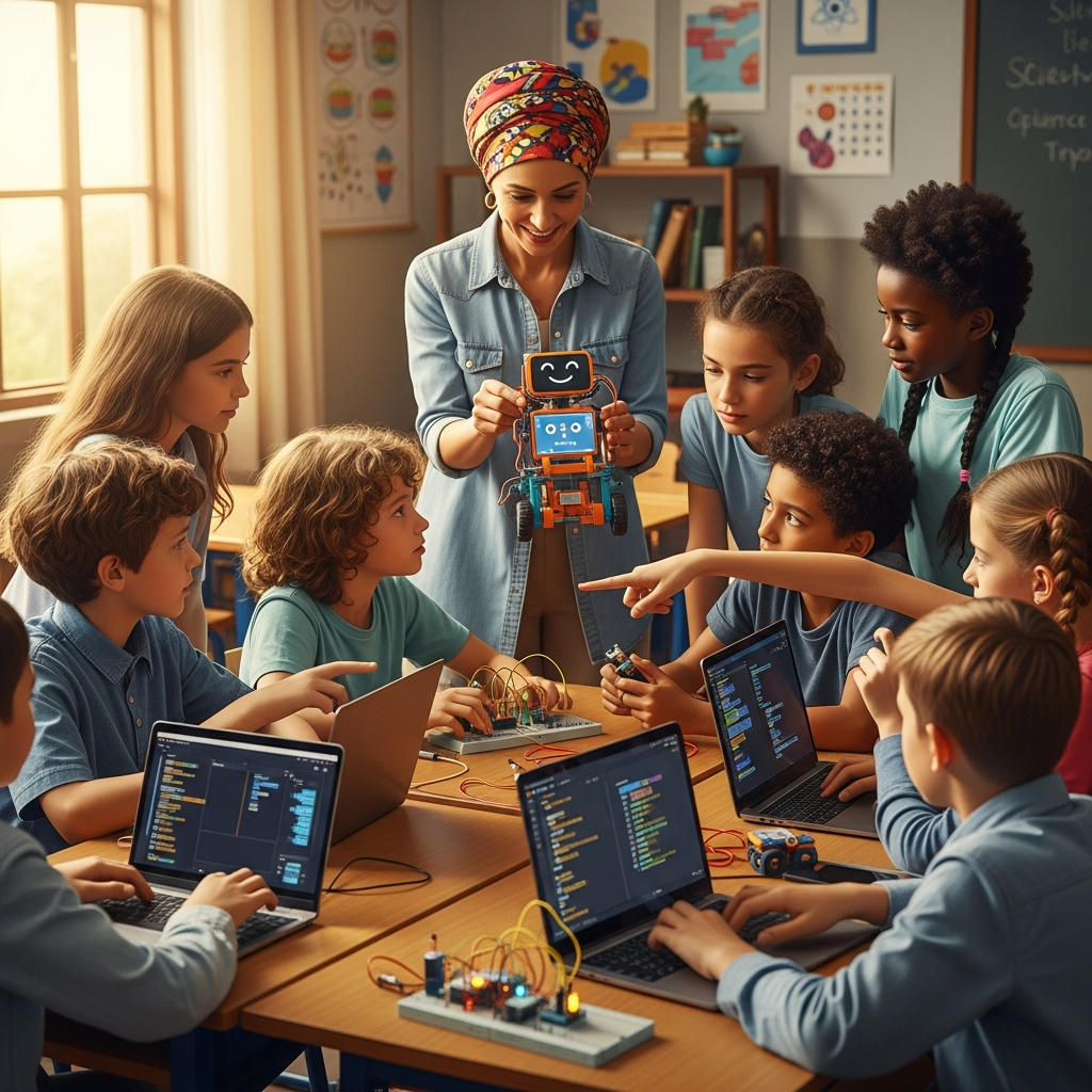 African children learning robotics and coding in classroom setting, teacher demonstrating small robots, engaged students with computers and electronic components, educational atmosphere, warm lighting, no text