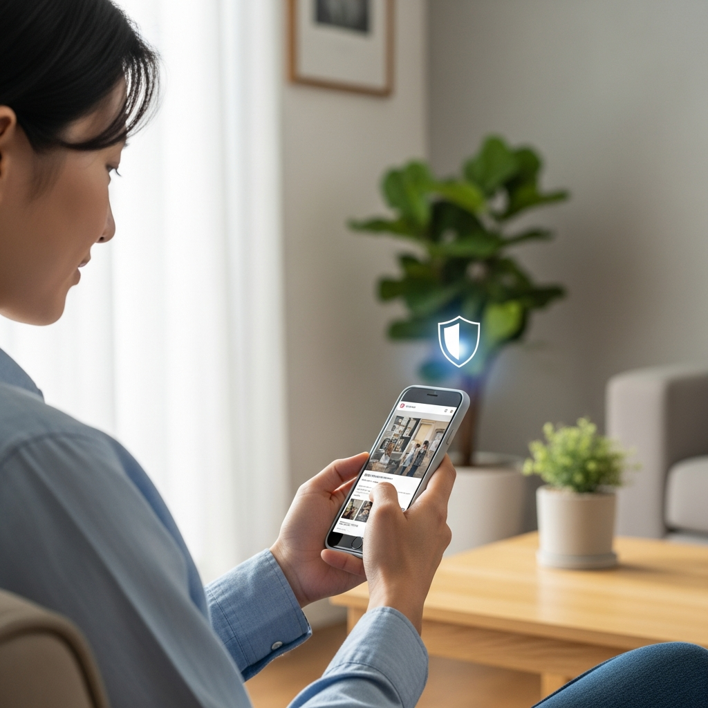 A Korean person calmly browsing Pinterest on a smartphone, with a subtle shield icon overlay suggesting online safety. The background is a modern, clean home environment, with soft natural lighting. Lifestyle photography, no text.