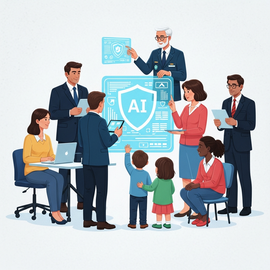 An illustrative scene showing various stakeholders—tech developers, policymakers, child safety experts, and parents—collaborating around a glowing AI interface, symbolizing a safe and responsible AI future. The atmosphere is cooperative and forward-looking. Style: illustration, artistic rendering, textured background. No text, centered focus, bright and balanced lighting.