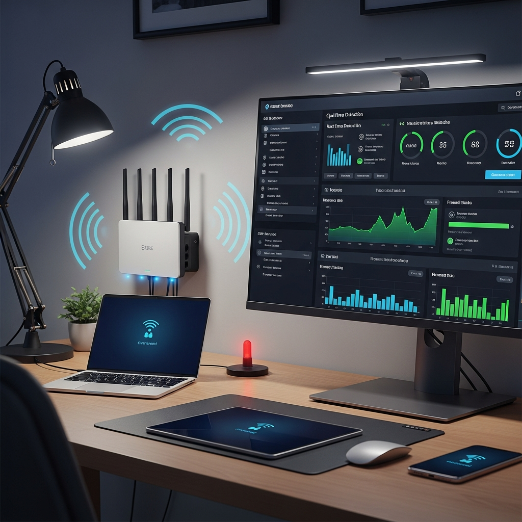 A modern home office setup with secure router, multiple devices connected safely, network security indicators, and cybersecurity monitoring dashboard on screen. Clean workspace with professional lighting, technology-focused lifestyle photography, no text.