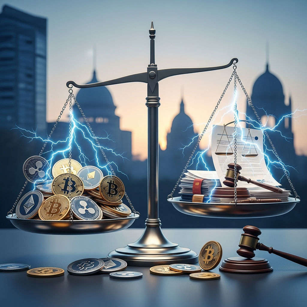 Conceptual illustration of cryptocurrency regulation changes, showing scales of justice with digital coins, government buildings in background, symbolic representation of policy shifts, professional style, no text.