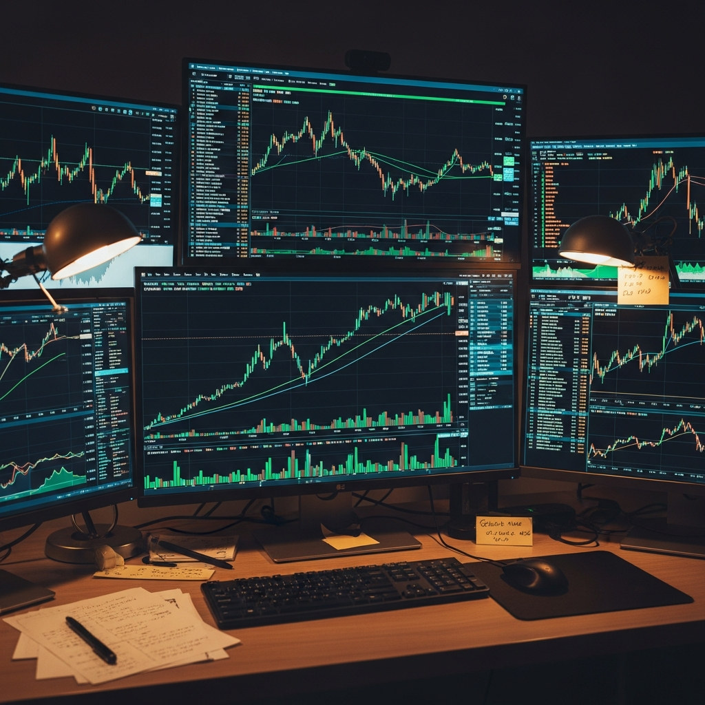 Detailed cryptocurrency market analysis charts on computer screens, showing upward trending graphs with Bitcoin and altcoin prices, professional financial analysis setup, warm lighting, no text.