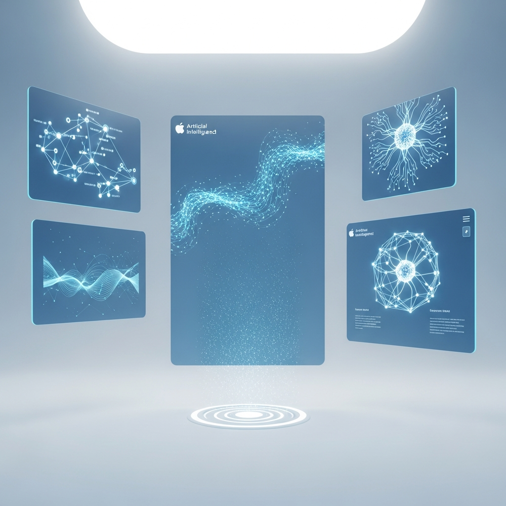 Futuristic Apple AI interface with holographic elements, sleek design showing artificial intelligence concepts, modern tech atmosphere with blue and white colors, clean minimalist style, no text