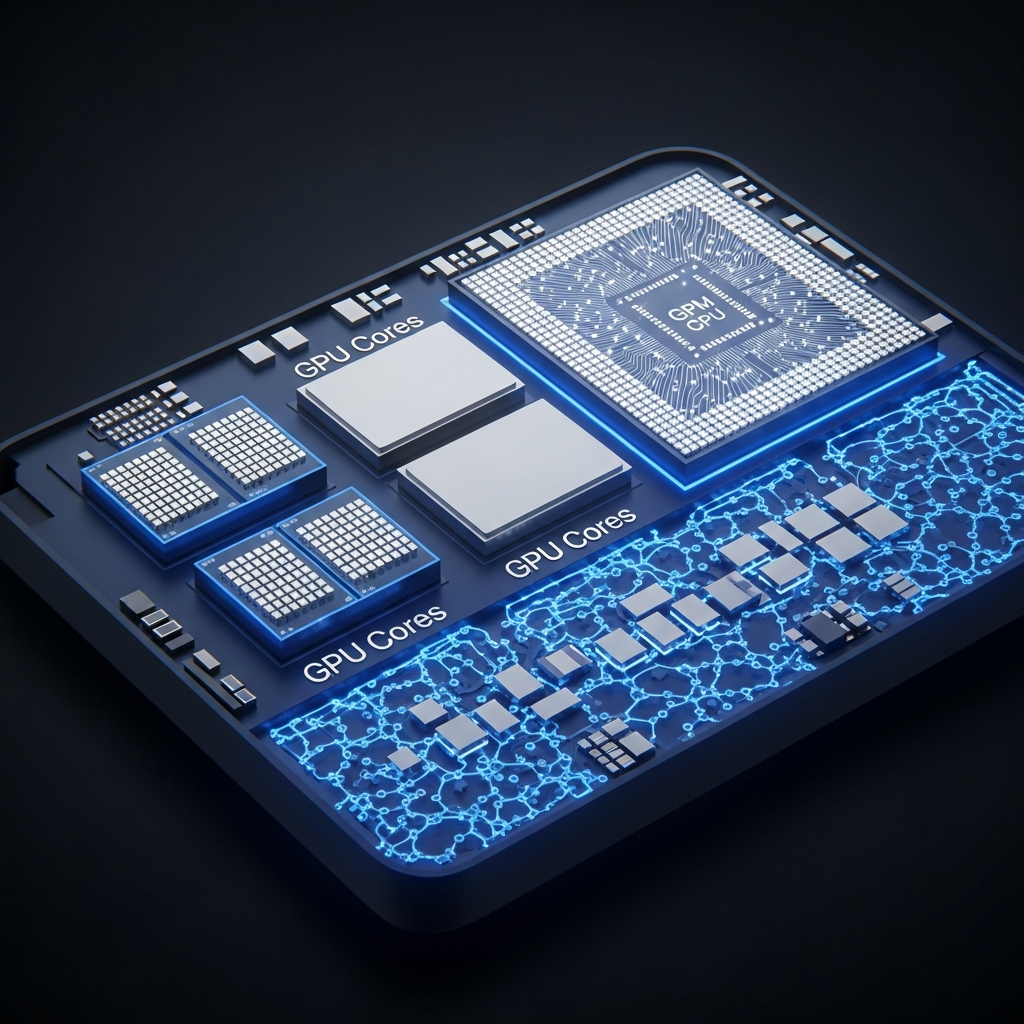 A detailed cross-section view of Apple M1 chip architecture showing CPU cores, GPU cores, and Neural Engine components in a modern tech illustration style, vibrant blue and silver colors, professional lighting, no text