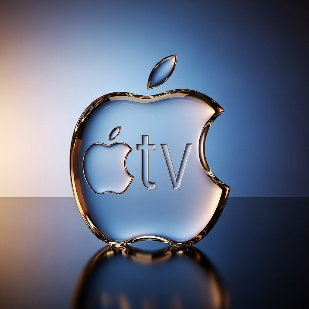 A beautifully illuminated glass sculpture, resembling a stylized Apple TV logo, gleaming softly with subtle reflections. The background is a sophisticated gradient, enhancing its artistic and modern appeal. No text.