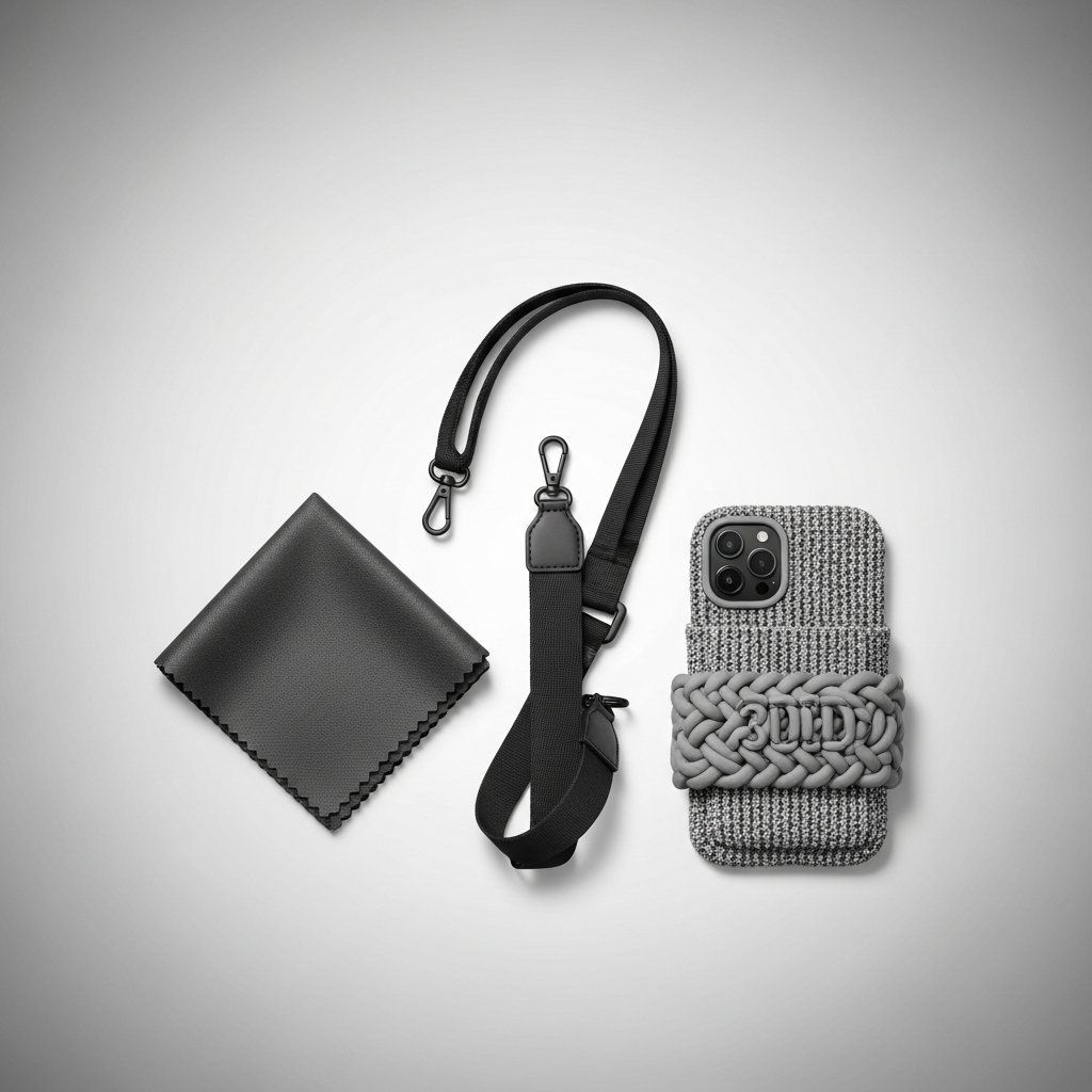 A sleek display of Apple's premium accessories: a folded polishing cloth, a crossbody strap elegantly draped, and a unique 3D-knitted iPhone pocket. The items are arranged on a minimalist, gradient background, emphasizing their design. Style: clean infographic, modern layout, high contrast. No visible text. No empty margins, full frame.