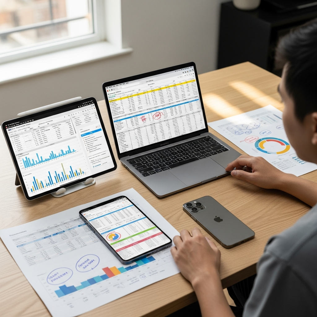 Lifestyle scene of person comparing different Apple devices on a desk - iPhone, iPad, MacBook, with spec sheets and performance charts visible, natural indoor lighting, decision-making moment, no text