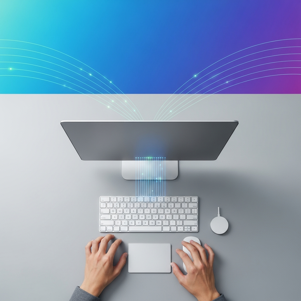 A person working on a desk with a sleek MacBook, a Magic Keyboard, and a Magic Trackpad. Subtle glowing lines indicate data flow or updates happening in the background. Style: modern infographic, clean layout, bright, balanced lighting. Colored gradient background. No visible text.