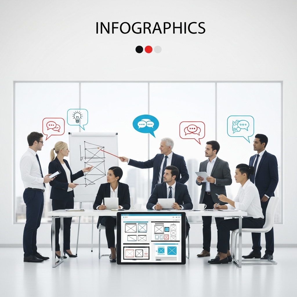 A group of diverse designers collaborating in a modern, minimalistic conference room. Whiteboards with sketches and digital tablets are visible. They are engaged in thoughtful discussion. Style: clean infographic, modern layout, high contrast, centered focus, visually rich, no empty margins, colored background.