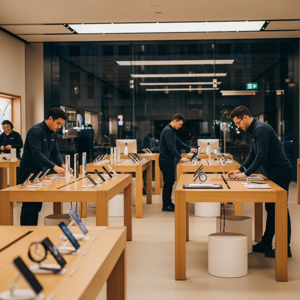 Inside an Apple retail store at night, staff rearranging displays for a big event, modern store lighting, calm atmosphere, lifestyle photo, no text.