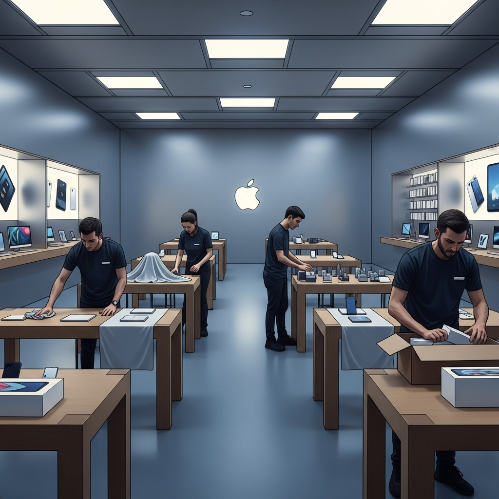 A clean infographic showing an Apple retail store preparing for an event, with subtle hints of new product boxes and staff working overnight under soft lighting, no text.