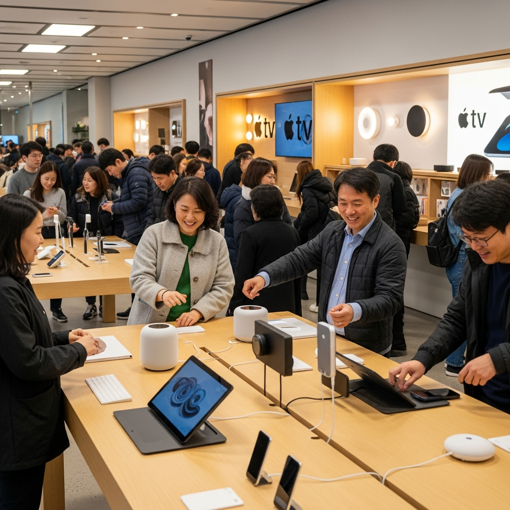 People at an Apple store interacting with smart home devices, bright environment, Korean consumers, natural expressions, no text.