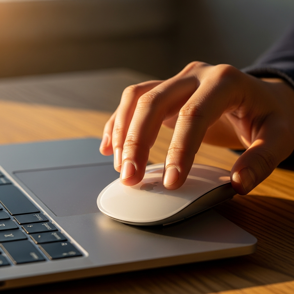 A close-up of a hand performing multi-touch gestures on an Apple Magic Mouse, next to a MacBook. Style: lifestyle photography, warm lighting, natural setting, textured background, no visible text.