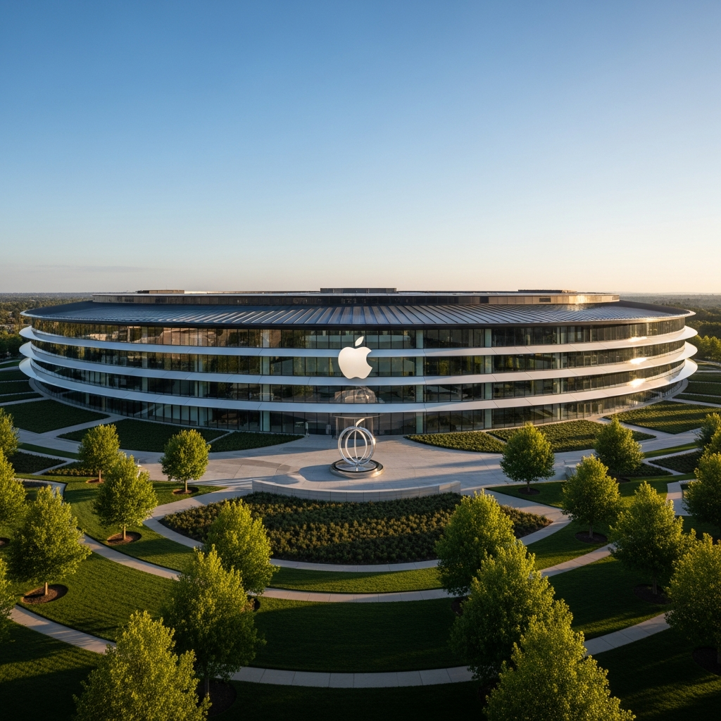 Modern Apple headquarters building with the iconic Apple logo, representing corporate response to legal challenges. Clean architectural photography with professional lighting. No text.