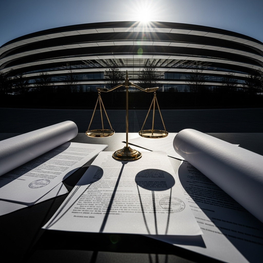 Apple headquarters building with legal documents and scales of justice symbolizing corporate legal response, professional business photography with modern architecture, dramatic lighting. No text.