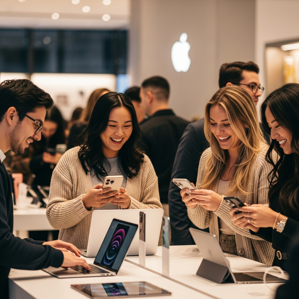 A bustling, vibrant lifestyle photography scene of people happily shopping for Apple products in a modern, bright retail environment during Black Friday 2025. Shoppers are diverse, with natural expressions of excitement and satisfaction, interacting with MacBook, iPhone, and iPad displays. The background is a mix of blurred store interiors with subtle brand hints. No visible text. Style: lifestyle photography, warm lighting, natural setting.