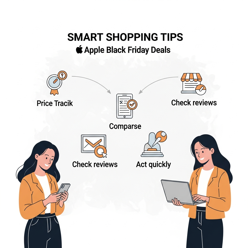 A clean, modern infographic illustrating smart shopping tips for Apple Black Friday deals. Show icons representing price tracking, comparing retailers, checking reviews, and acting quickly. The overall style is minimalist with a focus on clear information flow, on a softly textured background. No visible text. Korean appearance people are doing shopping research using smartphone and laptop.