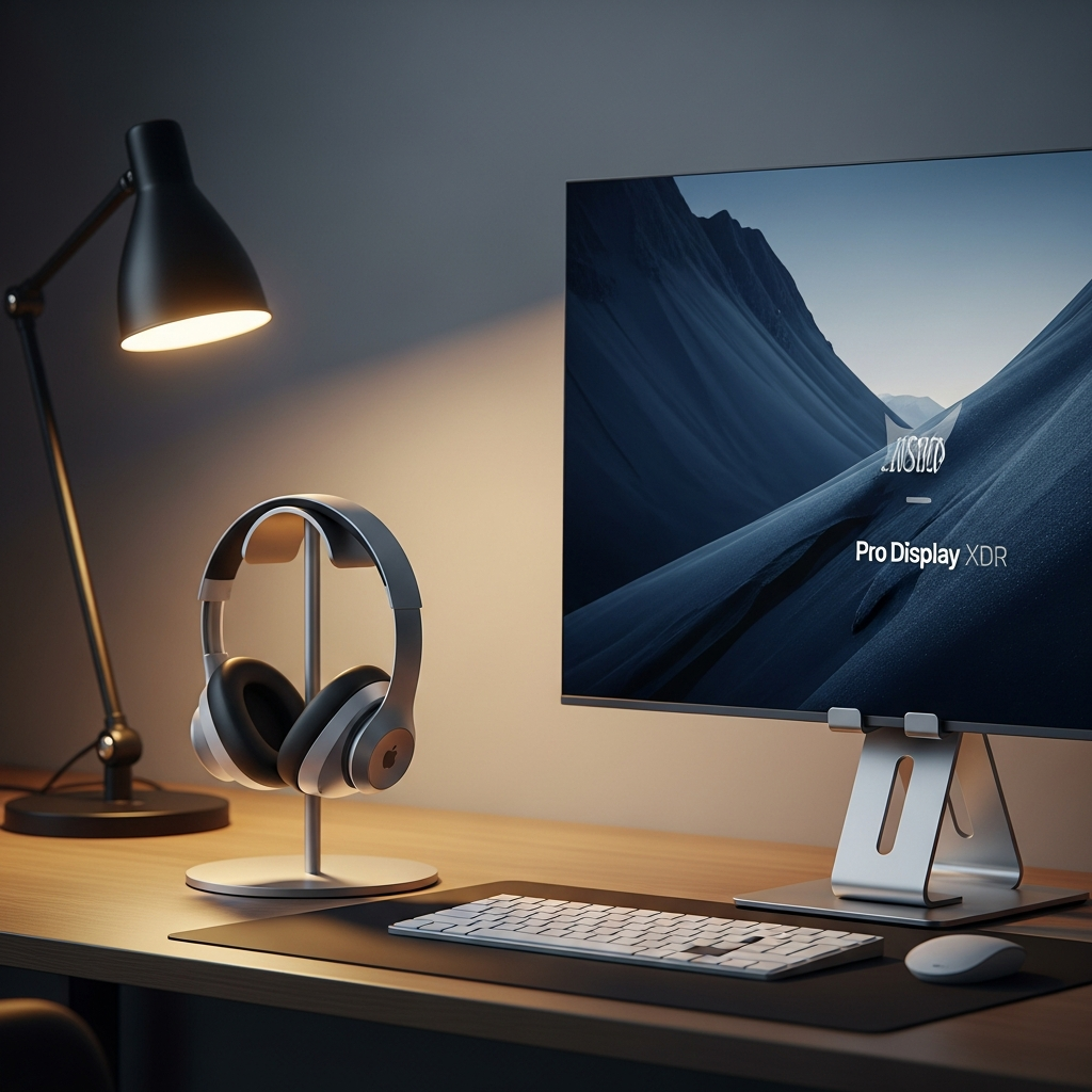 A professional workspace featuring an Apple Vision Pro headset on a stand, next to a Pro Display XDR with its Pro Stand. The setting is modern and high-tech, with subtle lighting emphasizing the devices' sleek designs. Style: lifestyle photography, natural lighting, modern setting. No visible text. No empty margins, full frame.