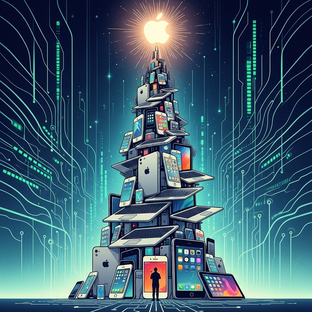 A stylized illustration of Apple products (iPhone, Mac, iPad) forming a towering structure, symbolizing the company's unprecedented success under a leader. Focus on growth and innovation. Style: illustration, artistic rendering, textured background. Background: vibrant, abstract technological landscape.