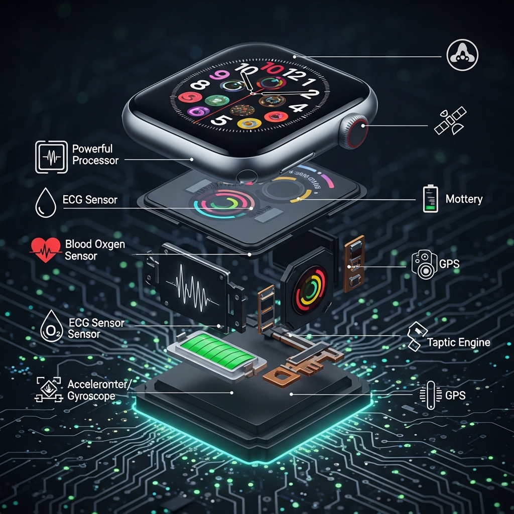 A detailed infographic showcasing the internal components of an Apple Watch, highlighting advanced sensors, a powerful processor, and a bright display. The background is a circuit board pattern with glowing lines. Style: clean infographic, modern layout, high contrast. No text.