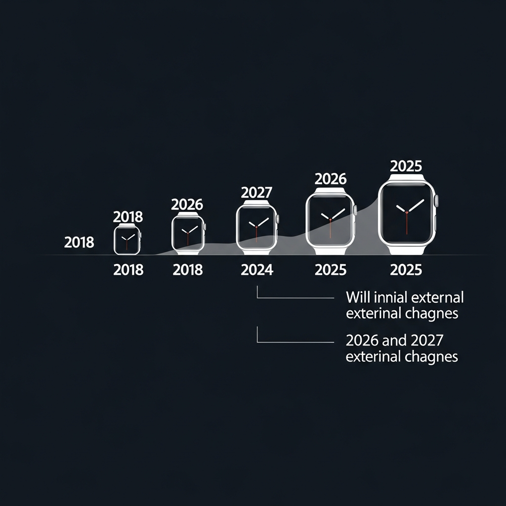 A clean infographic showing the evolution of Apple Watch design from 2018 to 2025, with a clear indication that 2026 and 2027 will show minimal external changes. Focus on the subtle design elements, with a background that suggests technological advancement. Style: clean infographic, modern layout, high contrast. No text.