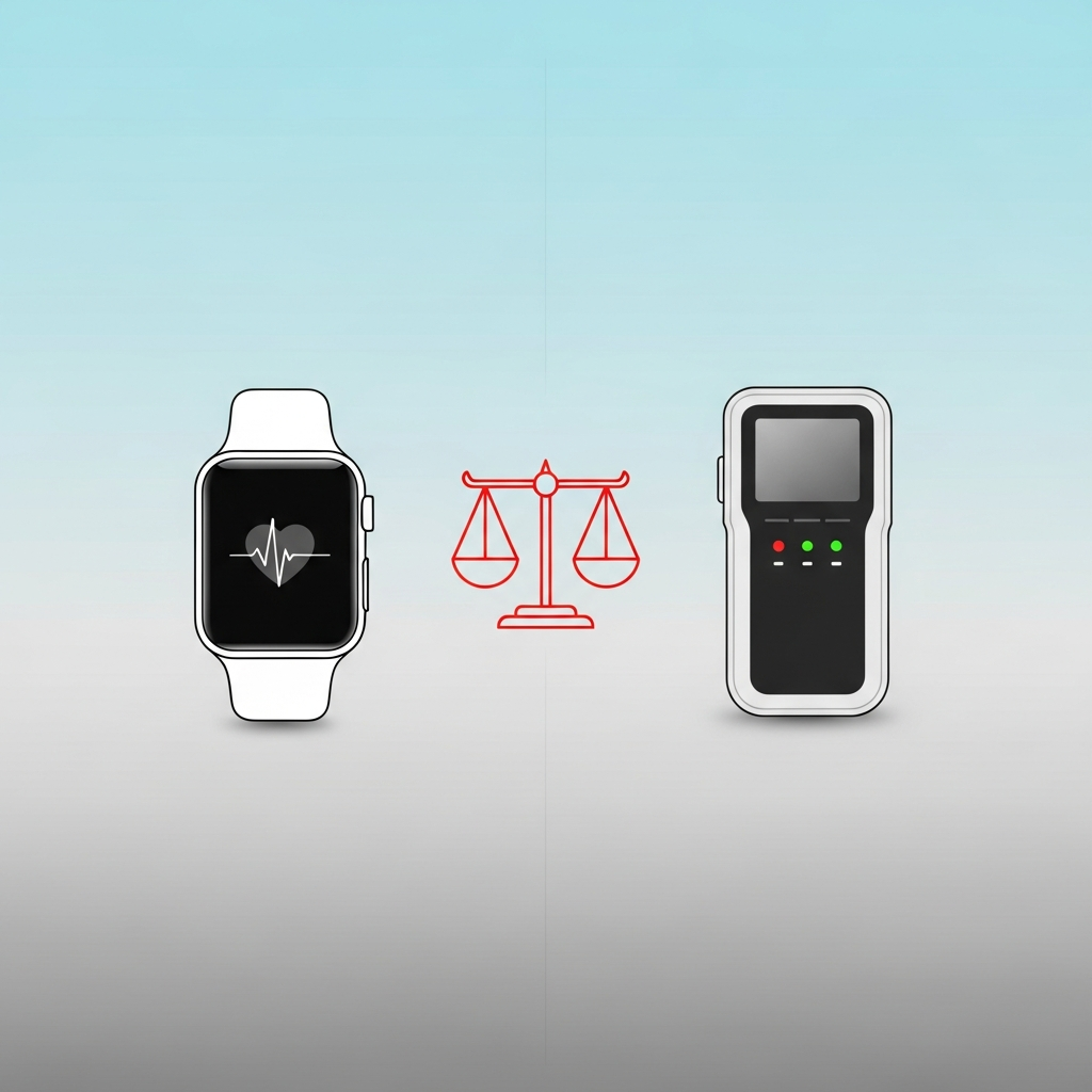 A modern, clean infographic showing a stylized Apple Watch on one side and a medical device on the other, connected by a legal scales icon. The background is a soft gradient of blue and gray. High contrast, no text.