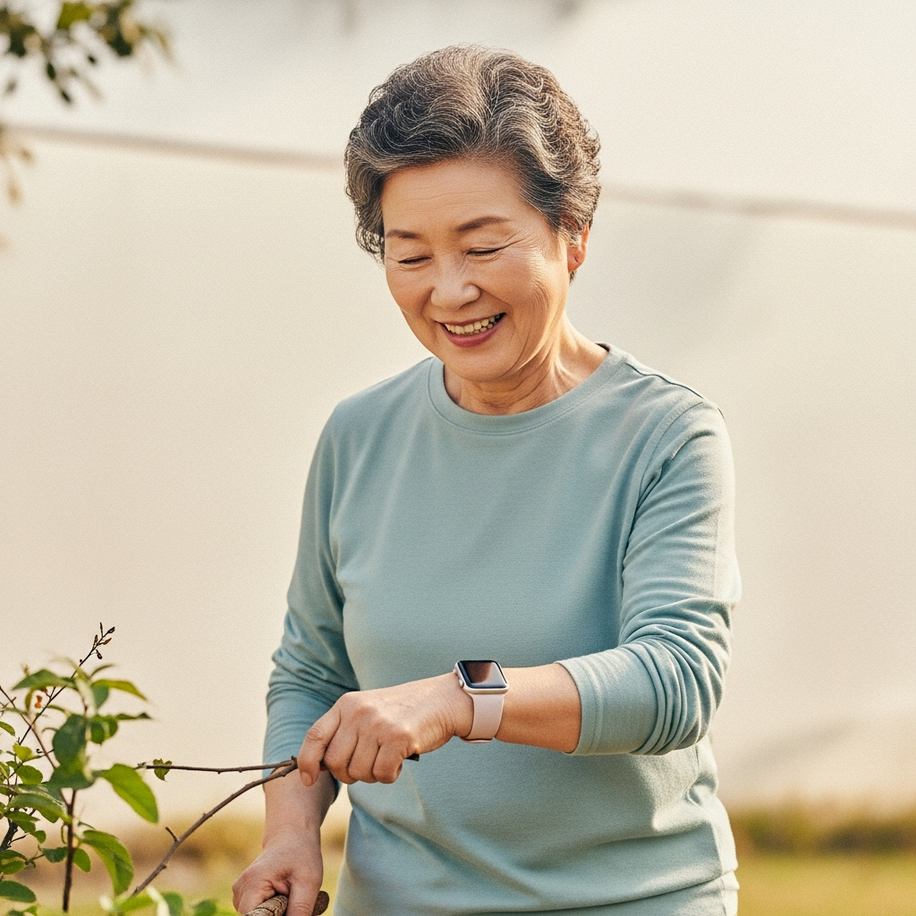 A lifestyle photograph of a smiling senior Korean person engaged in a light, active hobby like gardening or gentle walking outdoors. They are wearing an Apple Watch, and the overall scene conveys peace of mind, health, and an active lifestyle. Warm, natural lighting with a soft, textured background. No visible text.