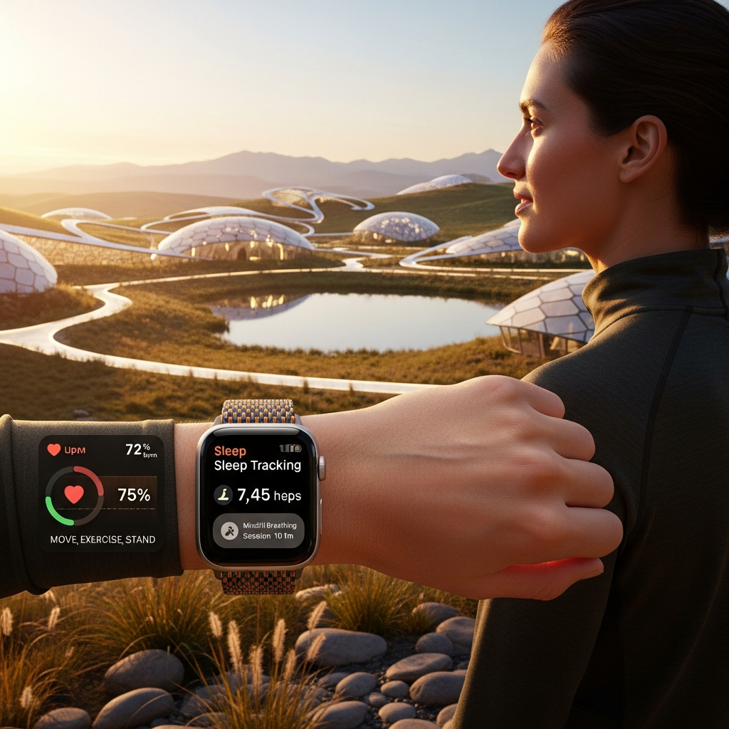 A person wearing an Apple Watch, looking forward into a subtly futuristic landscape. The watch face displays health metrics, suggesting continued focus on wellness. The lighting is warm and optimistic, with a soft, gradient background. Style: lifestyle photography, warm lighting, natural setting. No text.