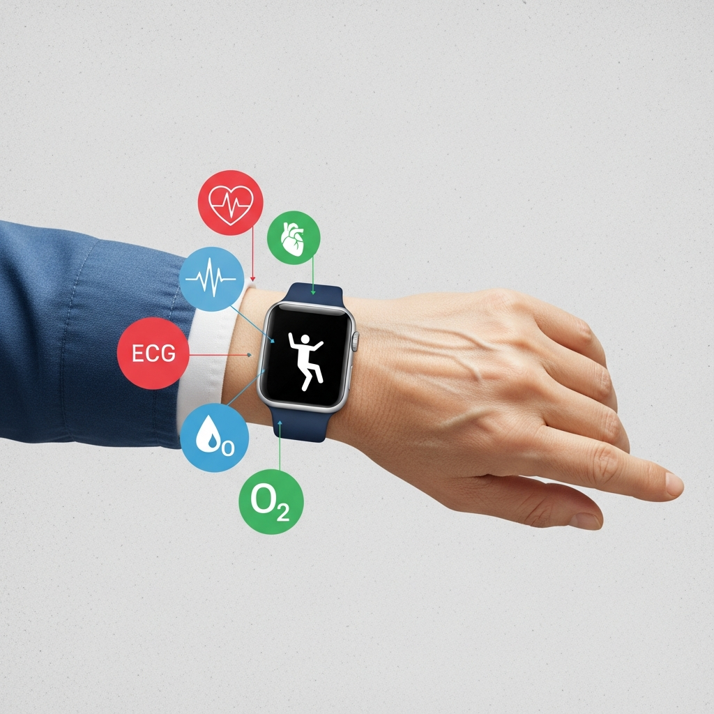 A clean infographic showing a senior Korean person's hand wearing an Apple Watch. The watch face displays various health icons such as a heart (ECG/heart rate), a person falling (fall detection), and a blood oxygen symbol, all integrated into a modern layout with high contrast on a textured background. Bright, balanced lighting. No visible text.