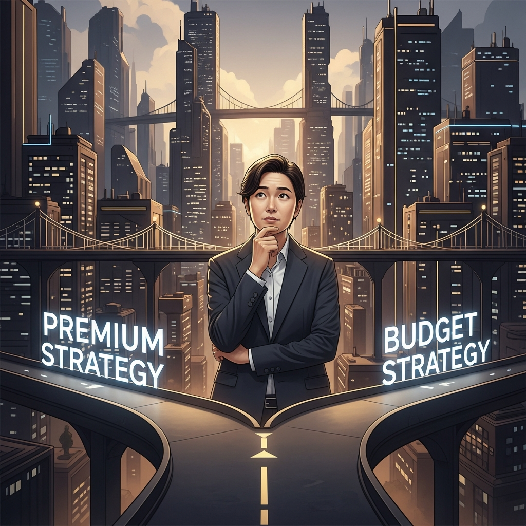 An illustrative scene showing a person (Korean appearance) thoughtfully considering two paths labeled "Premium Strategy" and "Budget Strategy" for iPhones. The background is a futuristic, tech-inspired city with warm, balanced lighting. No visible text in the image. Natural expression.