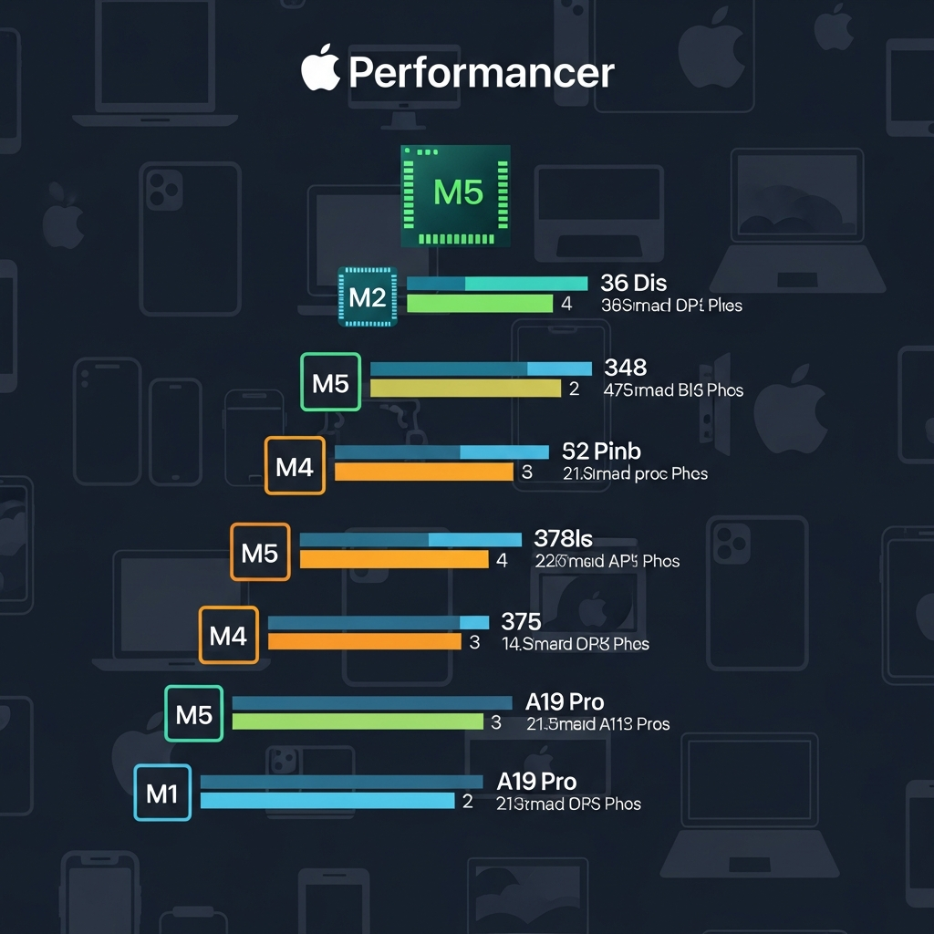 Clean infographic showing various Apple processors from M5, A19 Pro to M1 chips arranged in performance hierarchy with colorful bar charts and technical specifications, modern design with Apple device silhouettes, no text