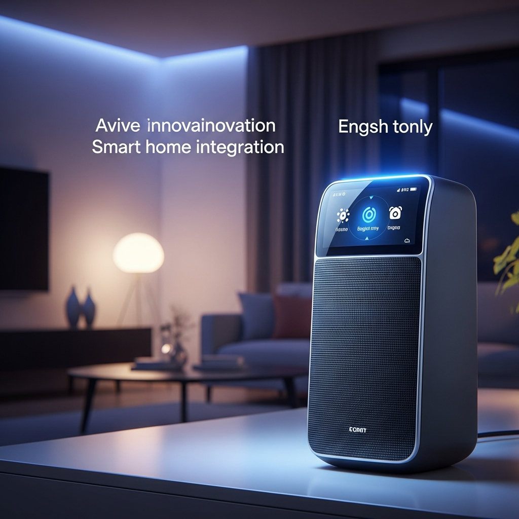 A sleek, futuristic smart speaker with a minimalist design, possibly showing a subtle screen interface. The background is a modern, tech-inspired living room with soft, ambient lighting. Emphasize innovation and smart home integration. No visible text in image. If UI elements needed, English-only minimal text. Style: clean infographic, modern layout, high contrast.