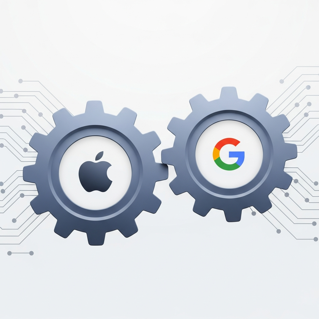 An infographic illustrating the collaboration between Apple and Google AI. Two distinct gears, one representing Apple (with a subtle apple logo) and the other Google (with a subtle G logo), are meshing together smoothly. The background is clean and modern, highlighting technological synergy. No text in image. Style: clean infographic.