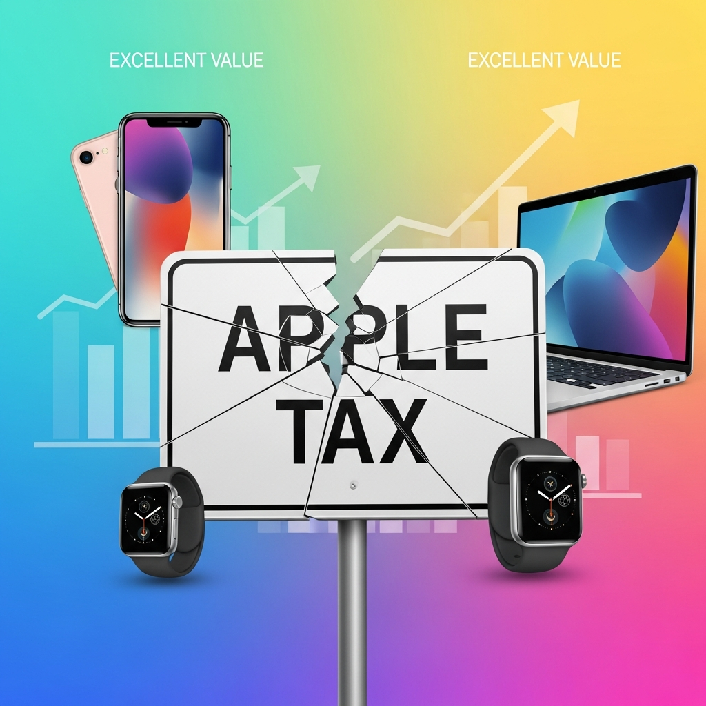 Clean infographic, modern layout, high contrast, showing a broken "Apple Tax" sign with Apple products (iPhone, MacBook, Apple Watch) around it, emphasizing good value. Colored background, no visible text, centered focus, Korean appearance.