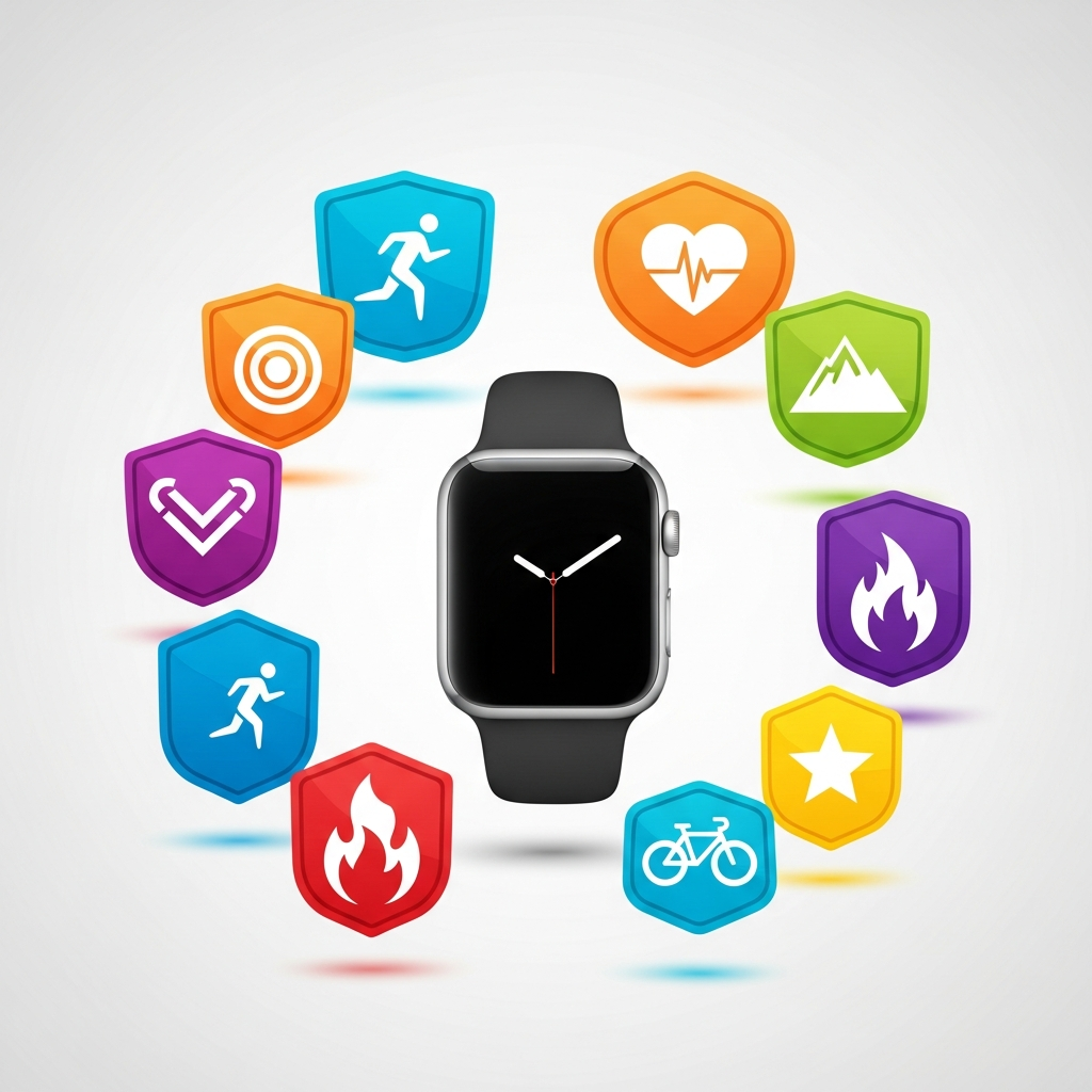 clean infographic showing Apple Watch with various colorful achievement badges, realistic lighting, no text