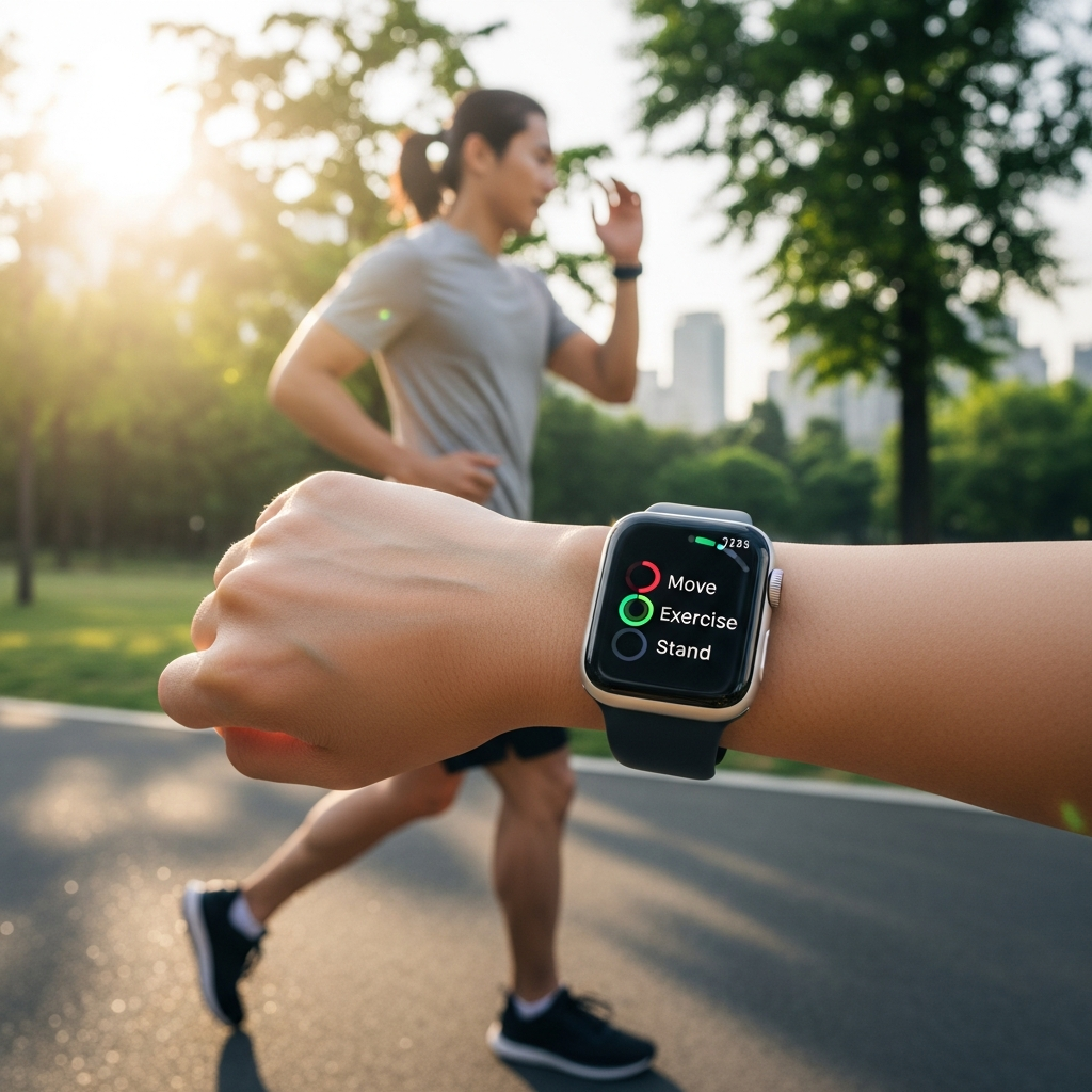 Korean person jogging outdoors checking Apple Watch fitness app rings closing, bright morning light, no text