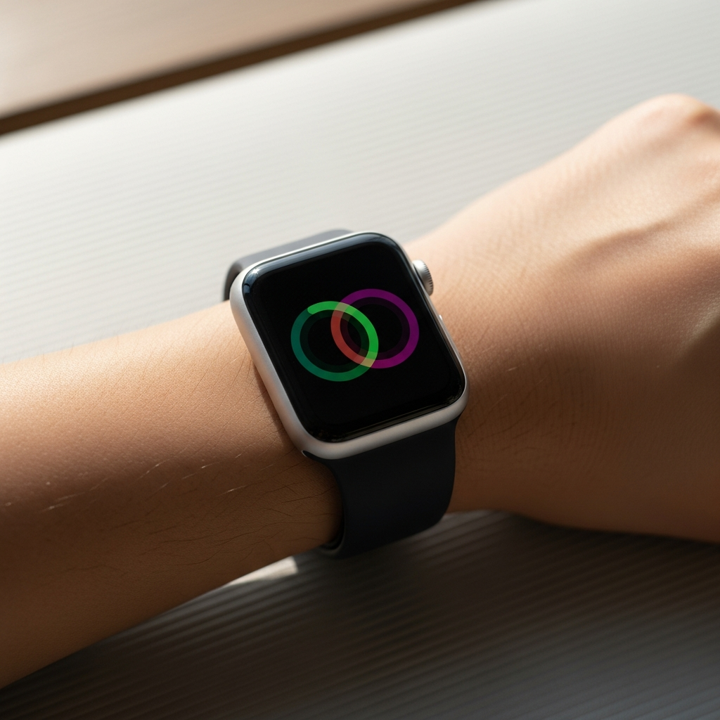 lifestyle photo of a Korean person viewing colorful rings on Apple Watch screen after workout, daylight, no text