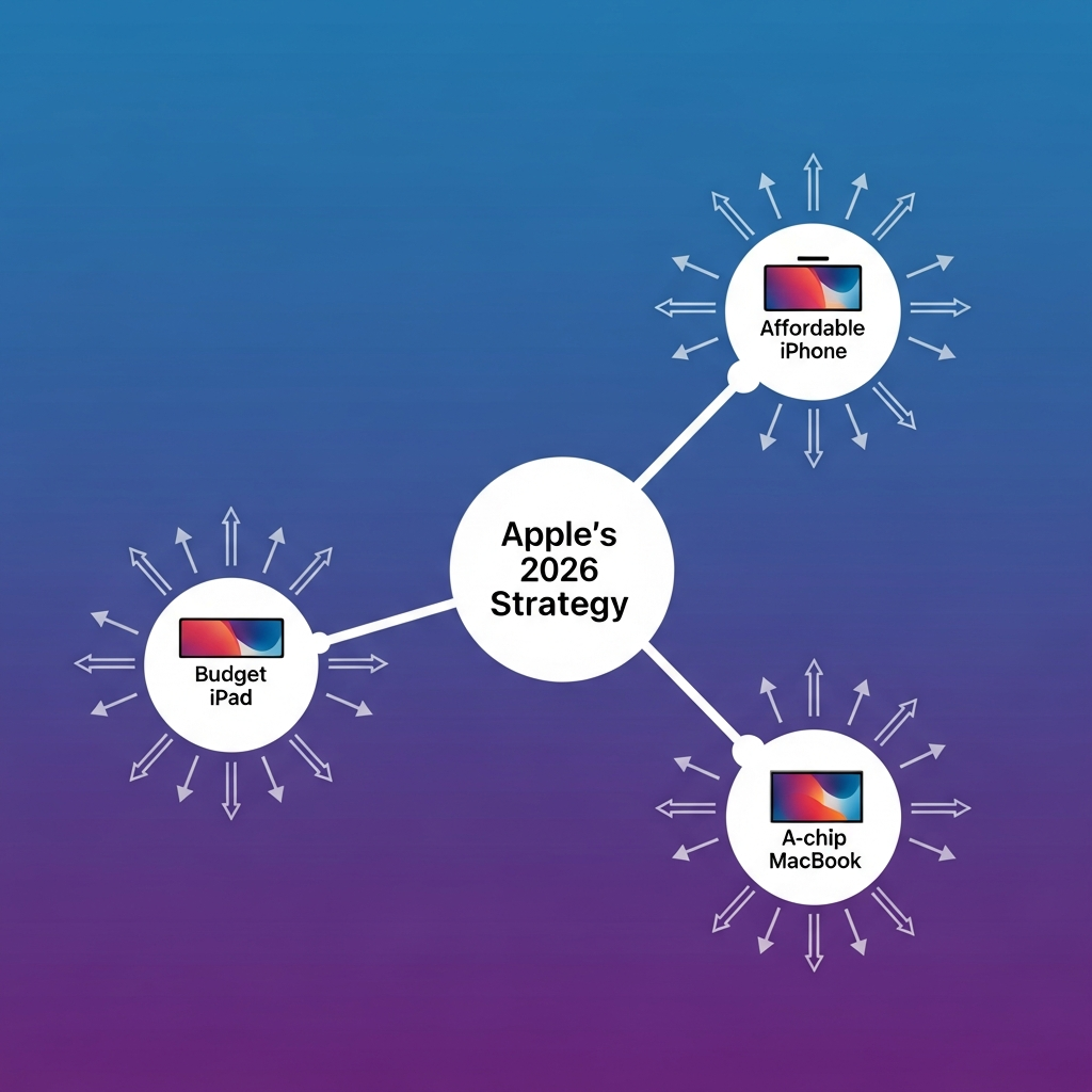 A stylistically clean infographic illustrating "Apple's 2026 Strategy" with connected nodes representing "affordable iPhone," "budget iPad," and "A-chip MacBook," surrounded by upward arrows symbolizing market growth. The background is a sophisticated gradient of deep blues and purples, conveying strategic depth. No text.