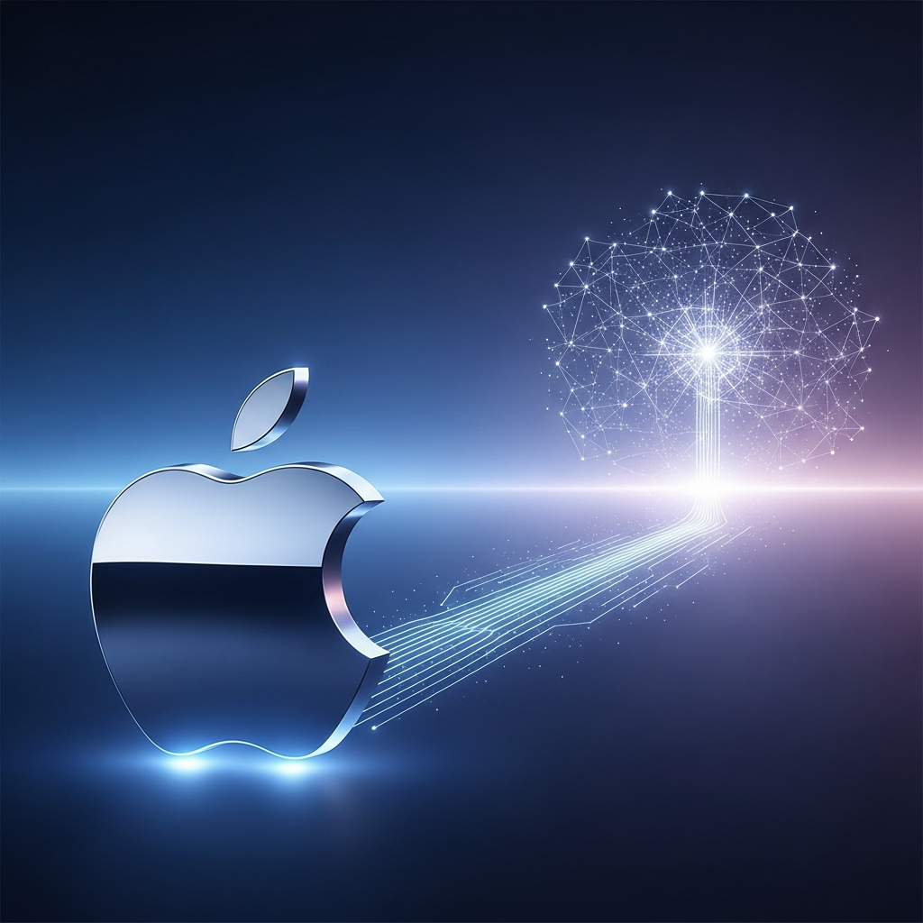 An illustrative image depicting Apple's long-term AI strategy, with a futuristic Apple logo in the foreground and a path leading to a cutting-edge AI model on the horizon. The style is clean and forward-looking. No text.