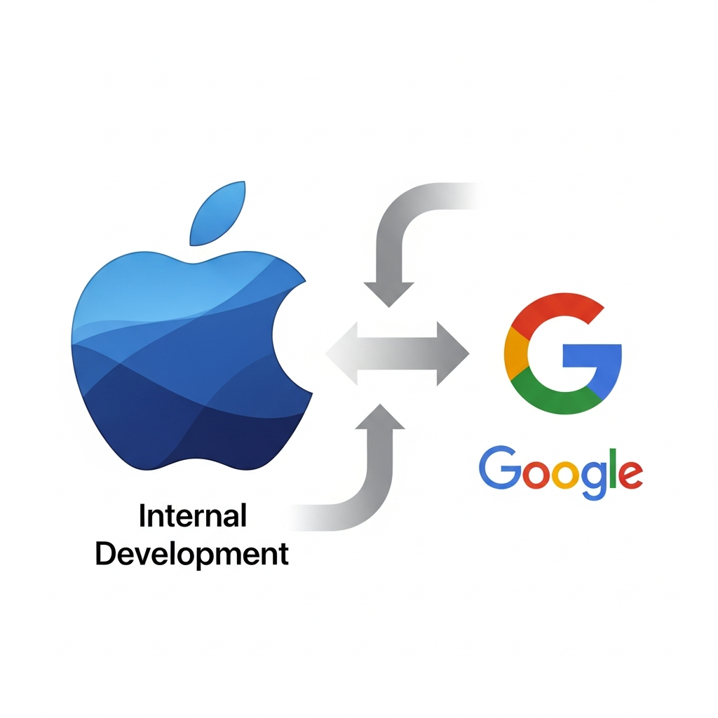 An illustrative image depicting Apple's strategic shift. A large, stylized Apple logo is shown, with arrows pointing both inward (representing internal development) and outward towards a smaller, stylized Google logo (representing external collaboration). The arrows convey movement and change. Clean and professional design. No text in image. Style: clean infographic.