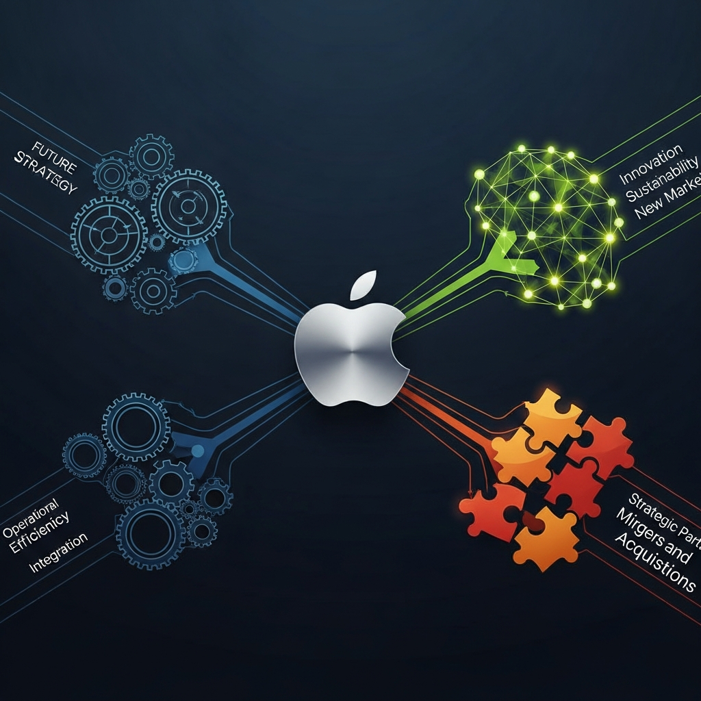 A dynamic, high-contrast infographic illustrating converging pathways, with an Apple logo at the center representing leadership transition. Various elements symbolize different future strategies. Style: clean infographic, modern layout, high contrast. No text.