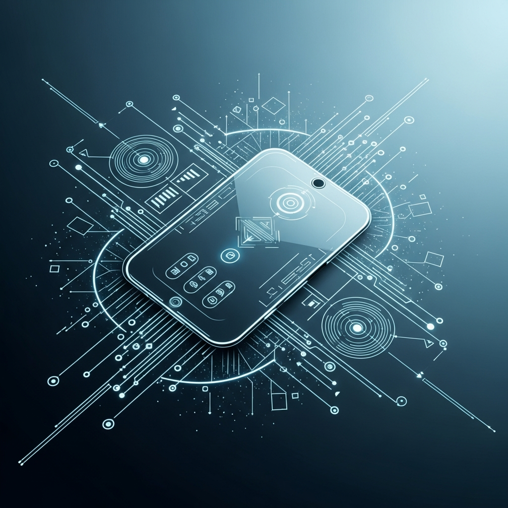 A sleek, futuristic Apple product concept (e.g., an innovative device with a minimalist design), surrounded by abstract lines representing cutting-edge technology and precision engineering. The background has a subtle gradient. Style: clean infographic, modern layout, high contrast. No text.