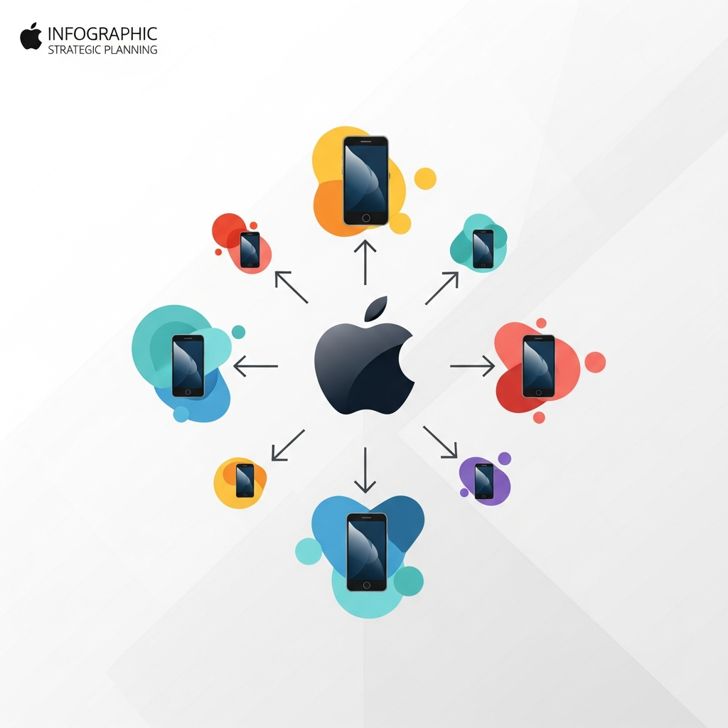 An infographic illustration showing a stylized Apple logo at the center, with different iPhone models (represented by abstract shapes with varying sizes and colors) orbiting it. Arrows indicate a strategic flow towards higher-tier models. The background is a clean, minimalist white with subtle geometric patterns, symbolizing strategic planning. No text.