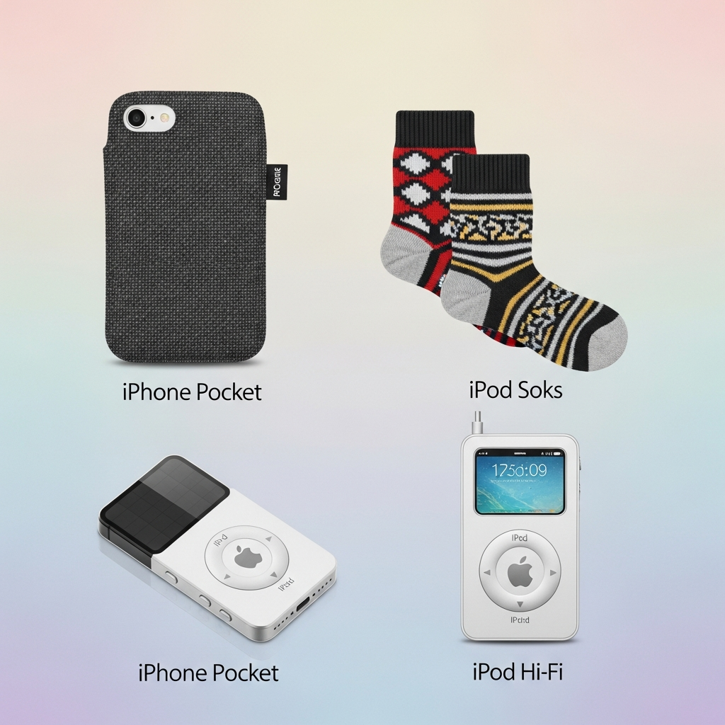 Infographic-style illustration depicting a collection of unique and unusual Apple accessories. Show a fabric iPhone sleeve (iPhone Pocket), colorful iPod socks, and an iPod Hi-Fi. Use a clean, modern layout with high contrast, a subtle gradient background, and no visible text. The illustration should be visually rich and fill the frame, avoiding empty margins.