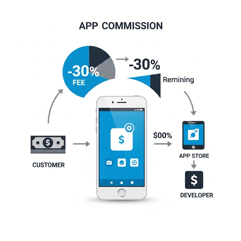 Clean infographic showing app store commission structure with 30% fee visualization, smartphone displaying app store interface, money flow diagram, professional business illustration style. No text.