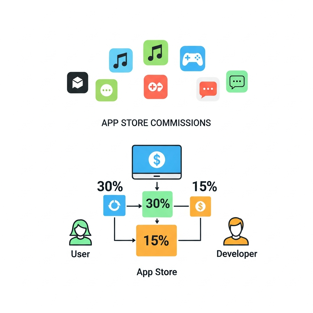 Clean infographic showing app store commission structure with percentage symbols, mobile app icons, and payment flow diagrams. Modern flat design with clear visual hierarchy. No text.