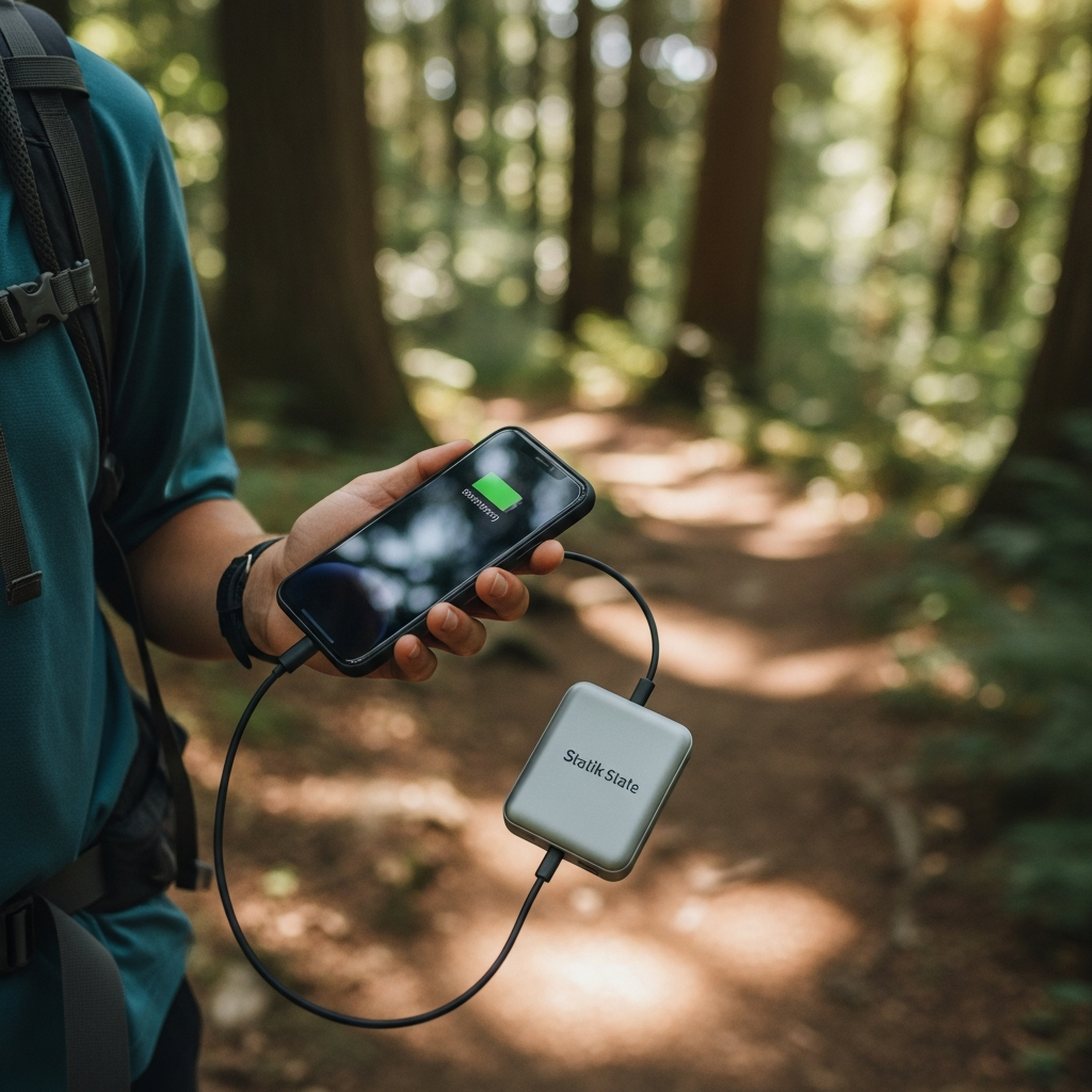 A person on a hiking trail, holding a smartphone that is being charged by a compact Statik State power bank. The background shows a natural outdoor setting with trees and sunlight. The focus is on the convenience of portable charging during an activity. Lifestyle photography, no text.
